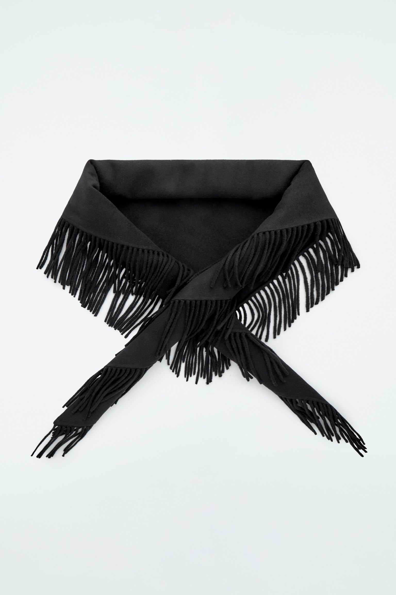 FRINGED MERINO WOOL TRIANGLE SCARF - BLACK