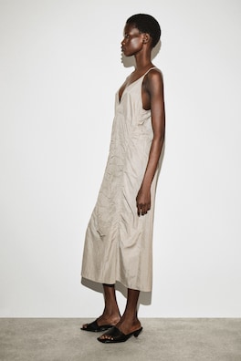 GATHERED SILK-NYLON SLIP DRESS — BEIGE 4