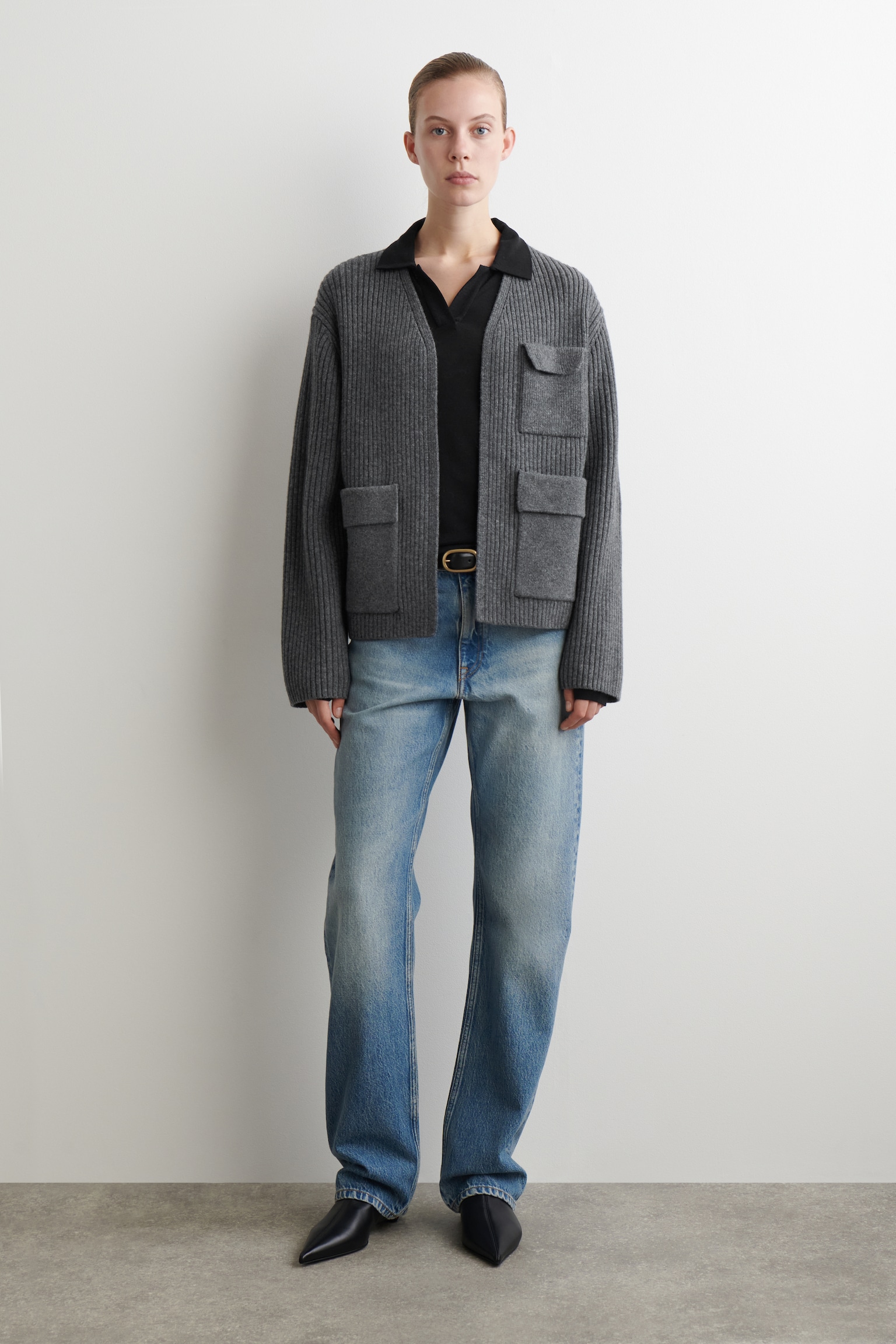 RIBBED MERINO WOOL UTILITY CARDIGAN - DARK-GREY MÉLANGE/DARK BROWN - 3