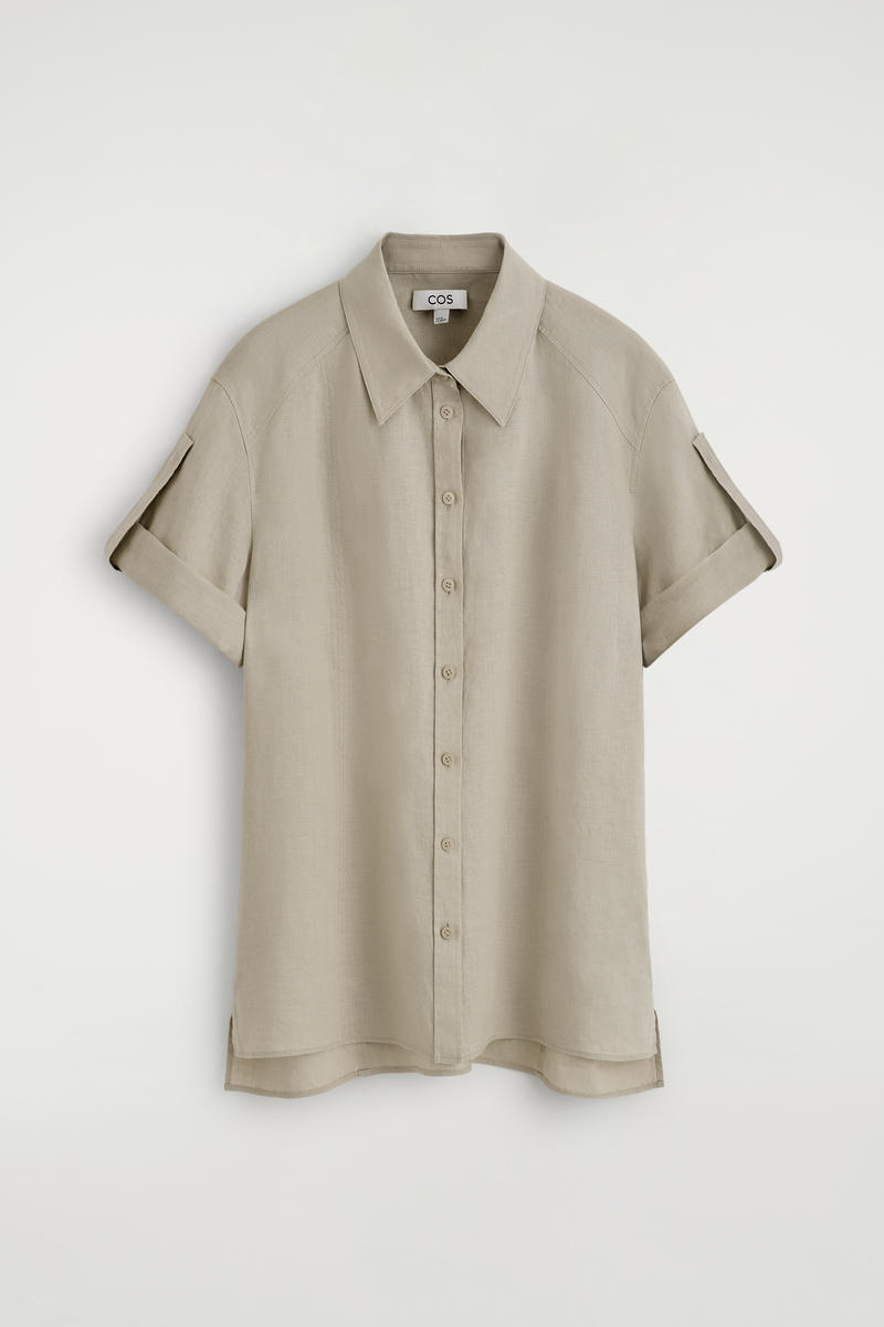 Folded-Sleeve Linen Shirt in Beige