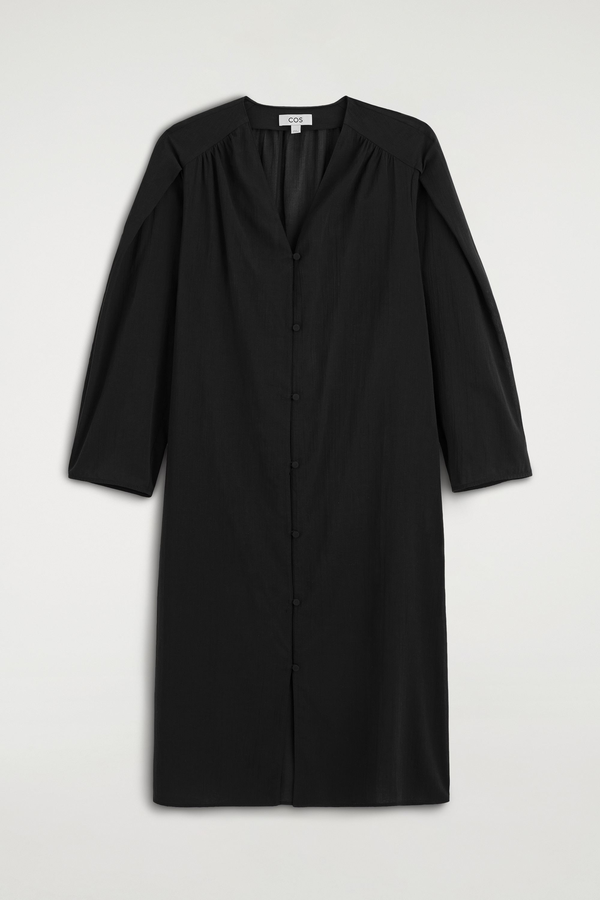 GATHERED LIGHTWEIGHT COTTON MIDI DRESS - BLACK