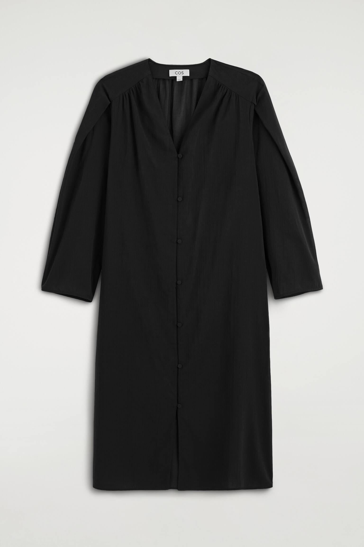 GATHERED LIGHTWEIGHT COTTON MIDI DRESS - שחור - 1