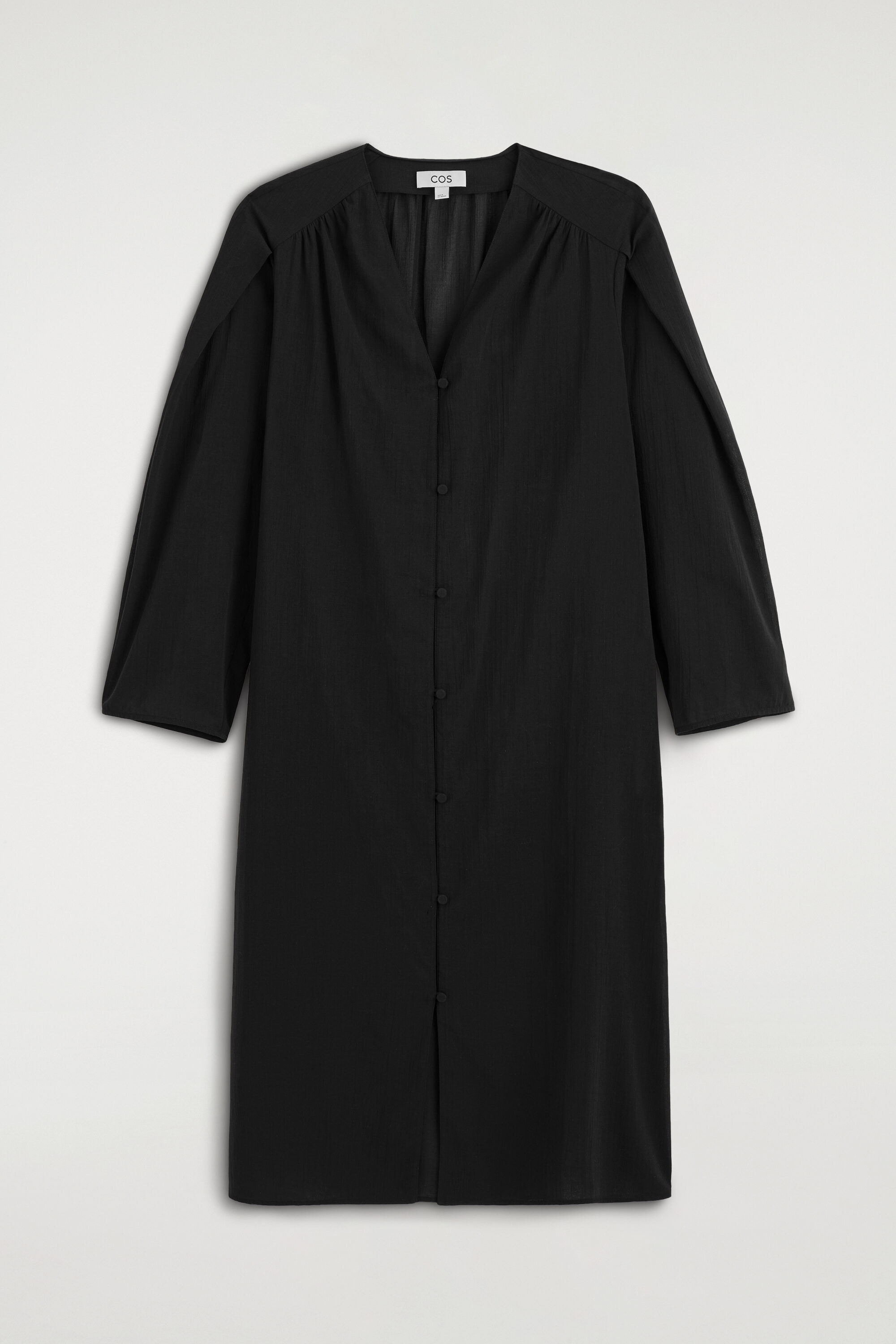 cos long shirt dress COS Women's Gathered Washed- Midi Shirt Dress in Navy | Silk