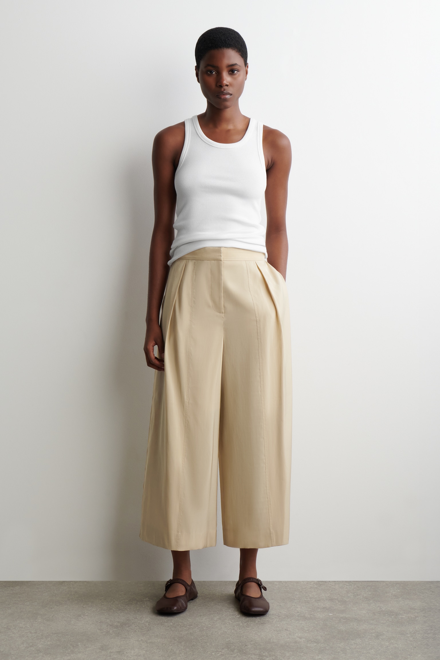 FLUID PLEATED CULOTTES - BEIGE/BLUE