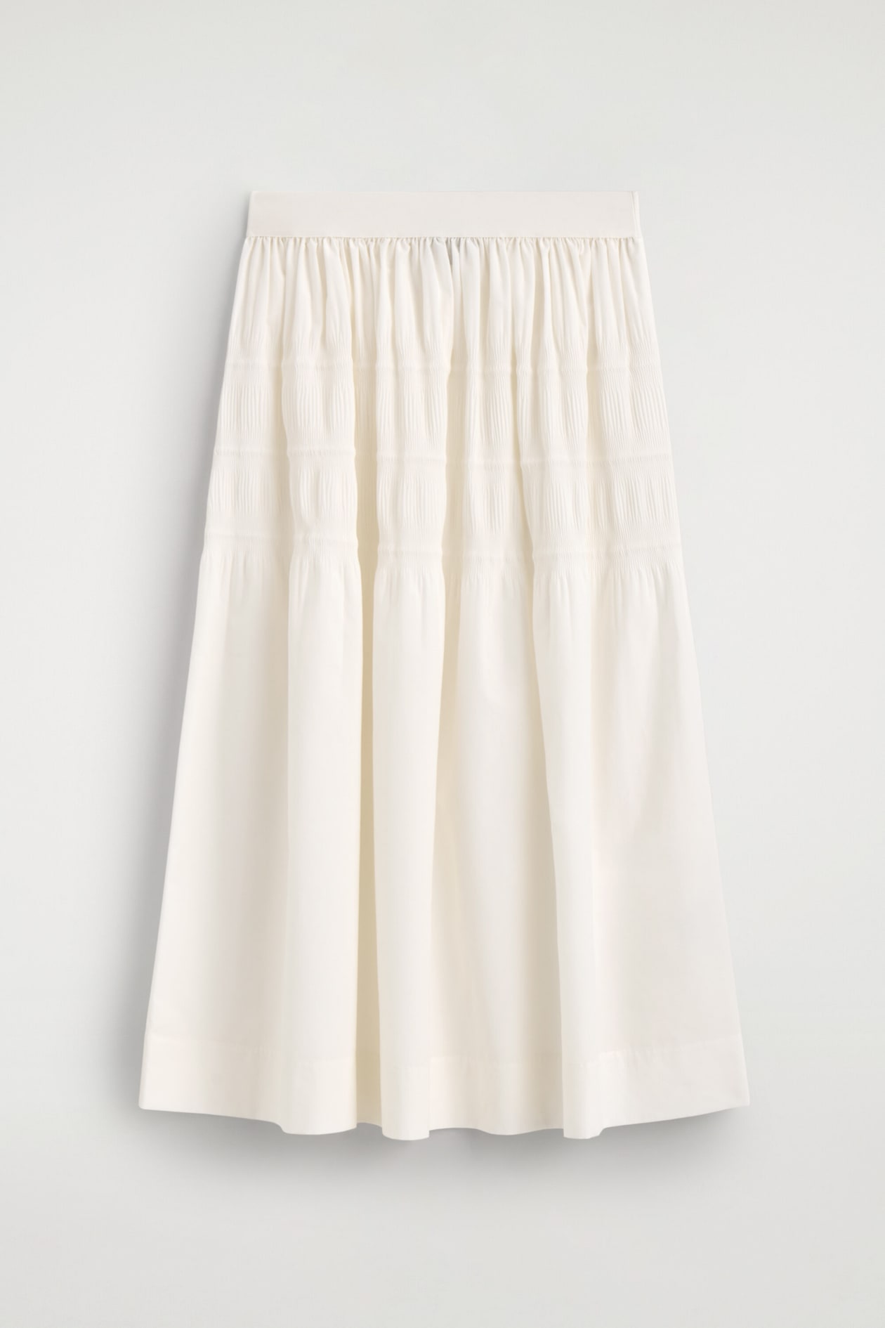 TIERED GATHERED MIDI SKIRT — WHITE