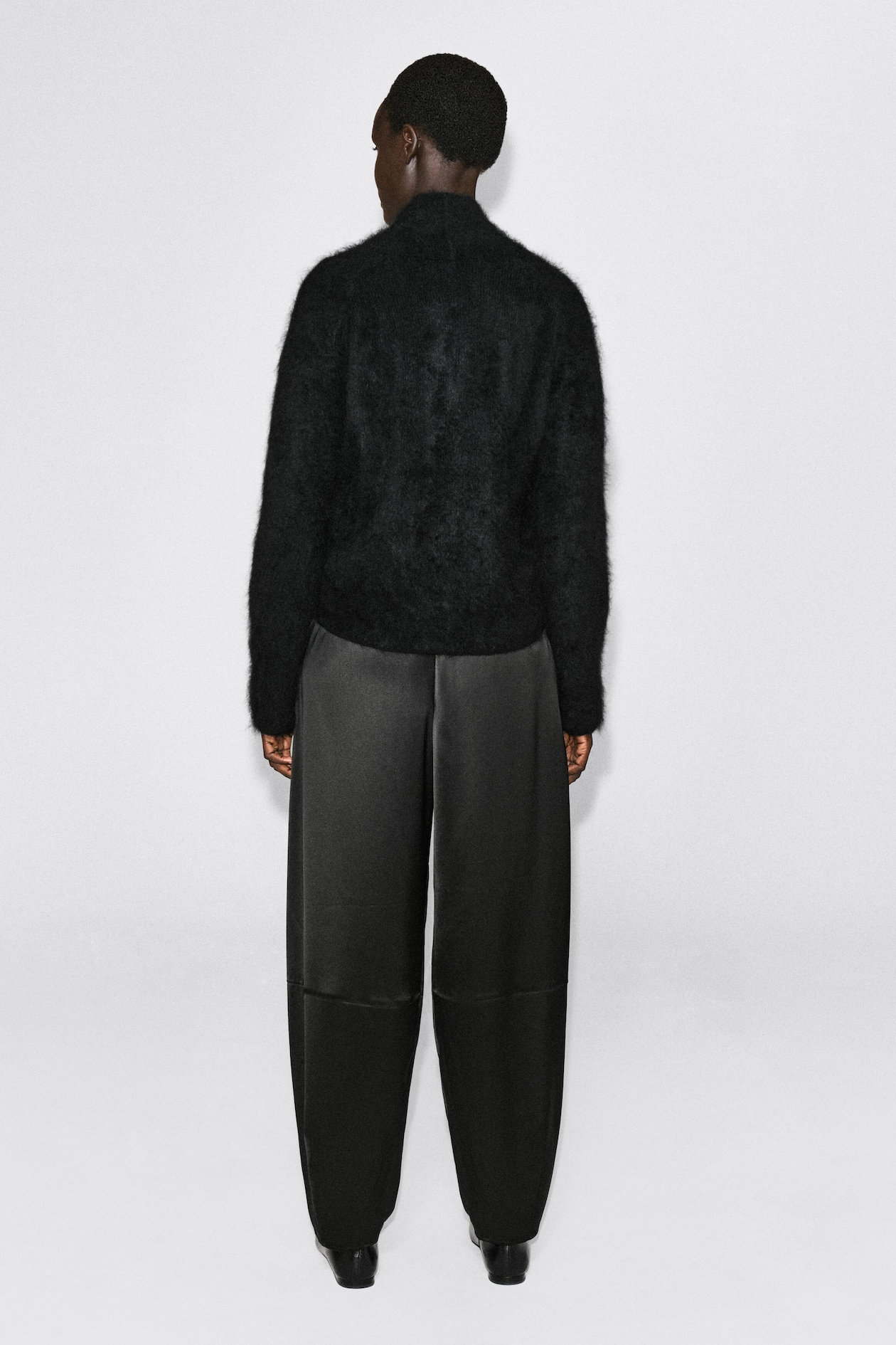 DRAPED BRUSHED MERINO WOOL CARDIGAN — BLACK