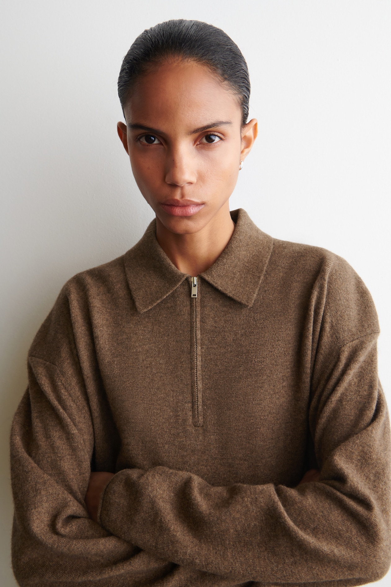MERINO WOOL-YAK ZIP-UP POLO SHIRT — BROWN MÉLANGE