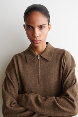 MERINO WOOL-YAK ZIP-UP POLO SHIRT — BROWN MÉLANGE 4