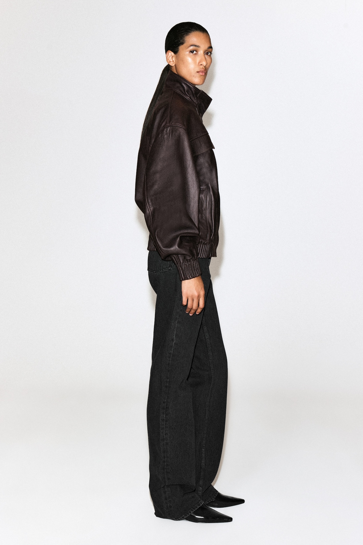 LEATHER MOCK-NECK BOMBER JACKET — DARK BROWN