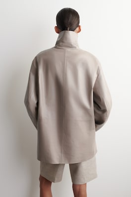 OVERSIZED LEATHER FUNNEL-NECK BOMBER JACKET — WHEAT 4