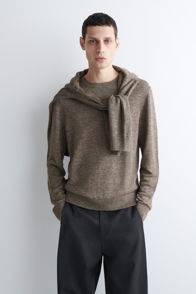 STRICKPULLOVER AUS LEINEN MIT RUNDHALSAUSSCHNITT - TAUPE MELIERT/BRAUN - 1