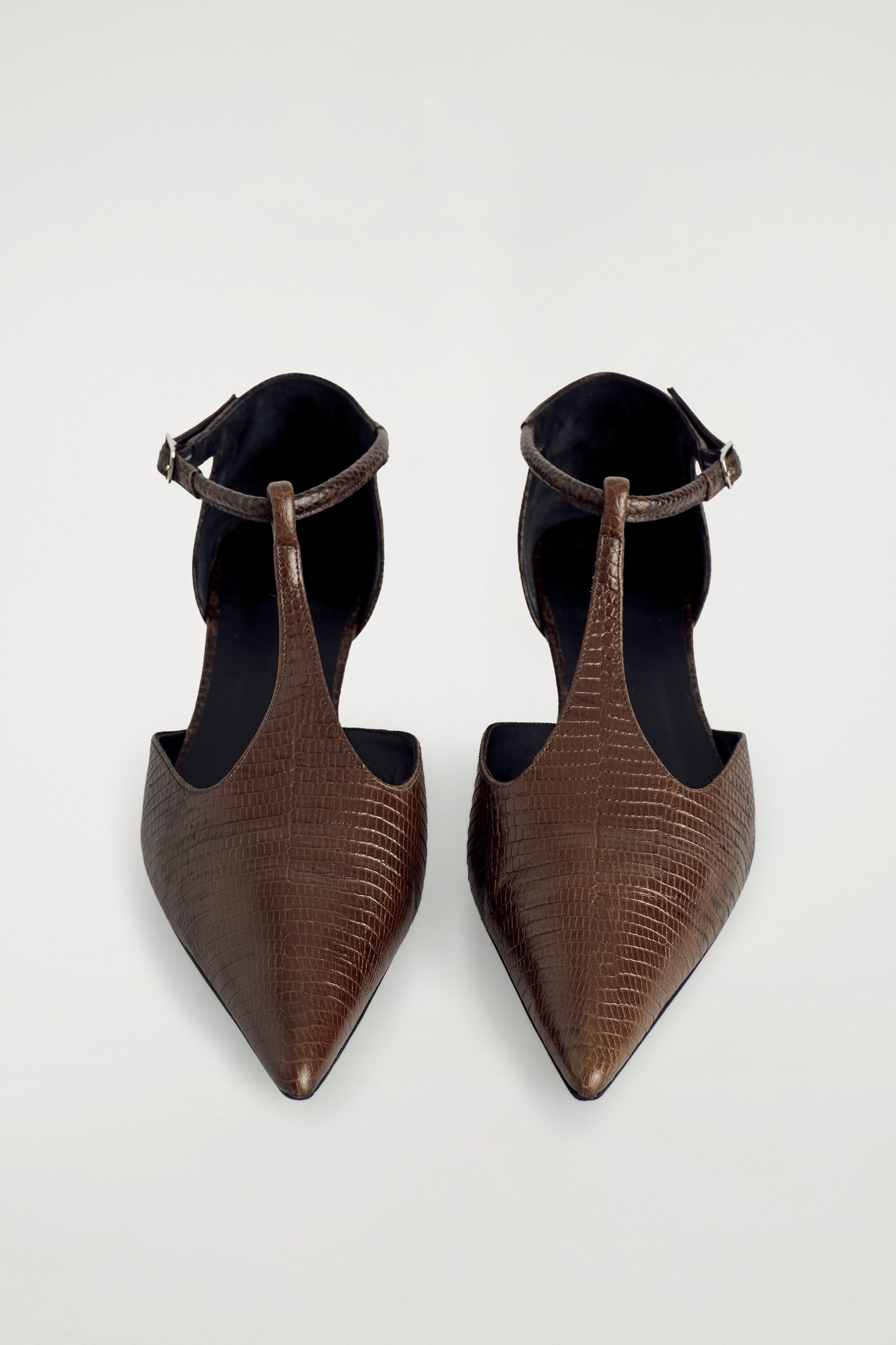 Lizard-Effect Leather T-Bar Wedge Heels - Brown