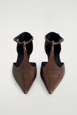 LIZARD-EFFECT LEATHER T-BAR WEDGE HEELS — BROWN / LIZARD-EFFECT 1