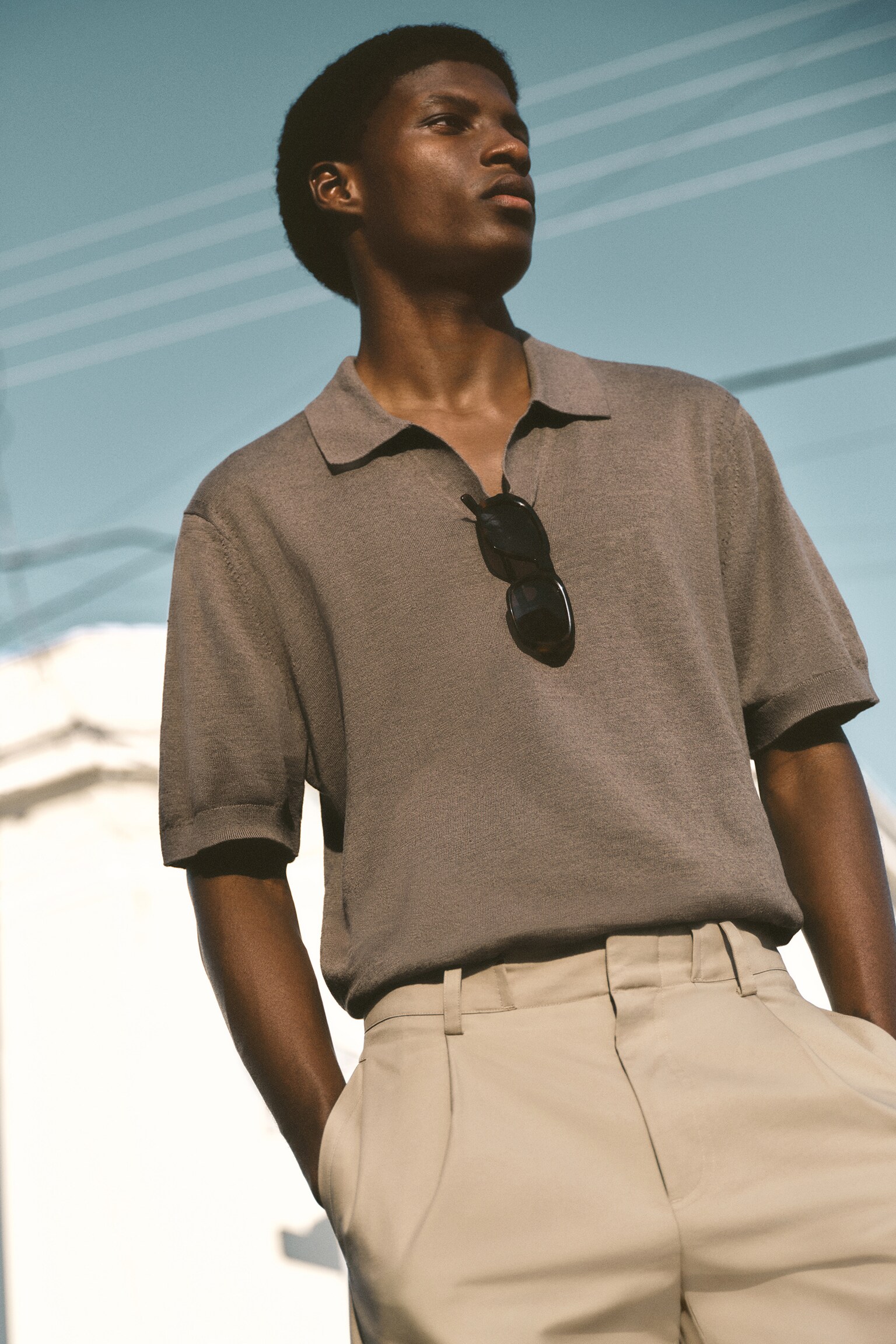 POLO EN MAILLE DE LIN - TAUPE FONCÉ/BLEU - 8