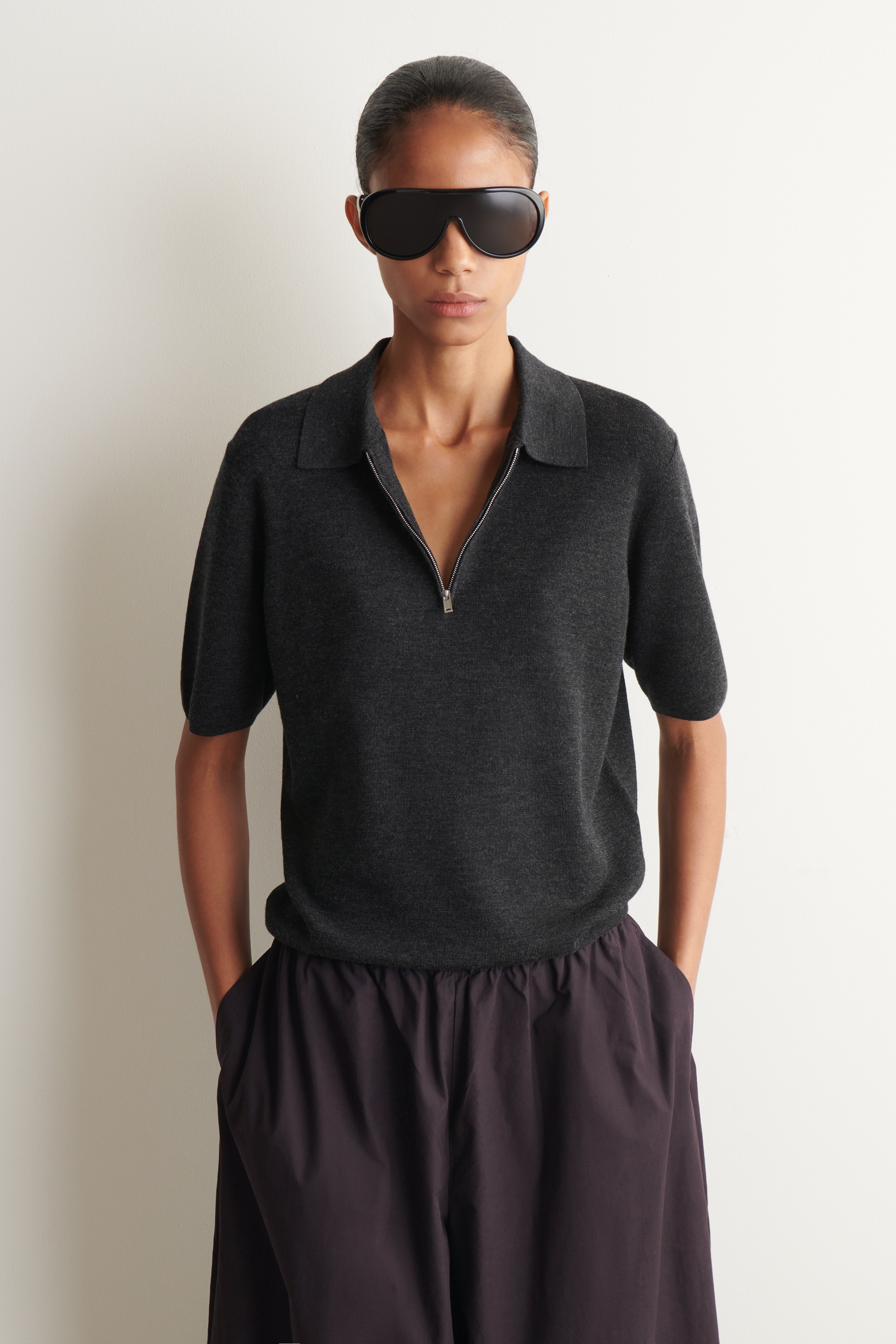 Polo de lã merino com fecho de correr - Antracite/Azul-marinho / vermelho / riscas/Azul cobalto