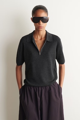 MERINO WOOL ZIP-UP POLO SHIRT — CHARCOAL 1