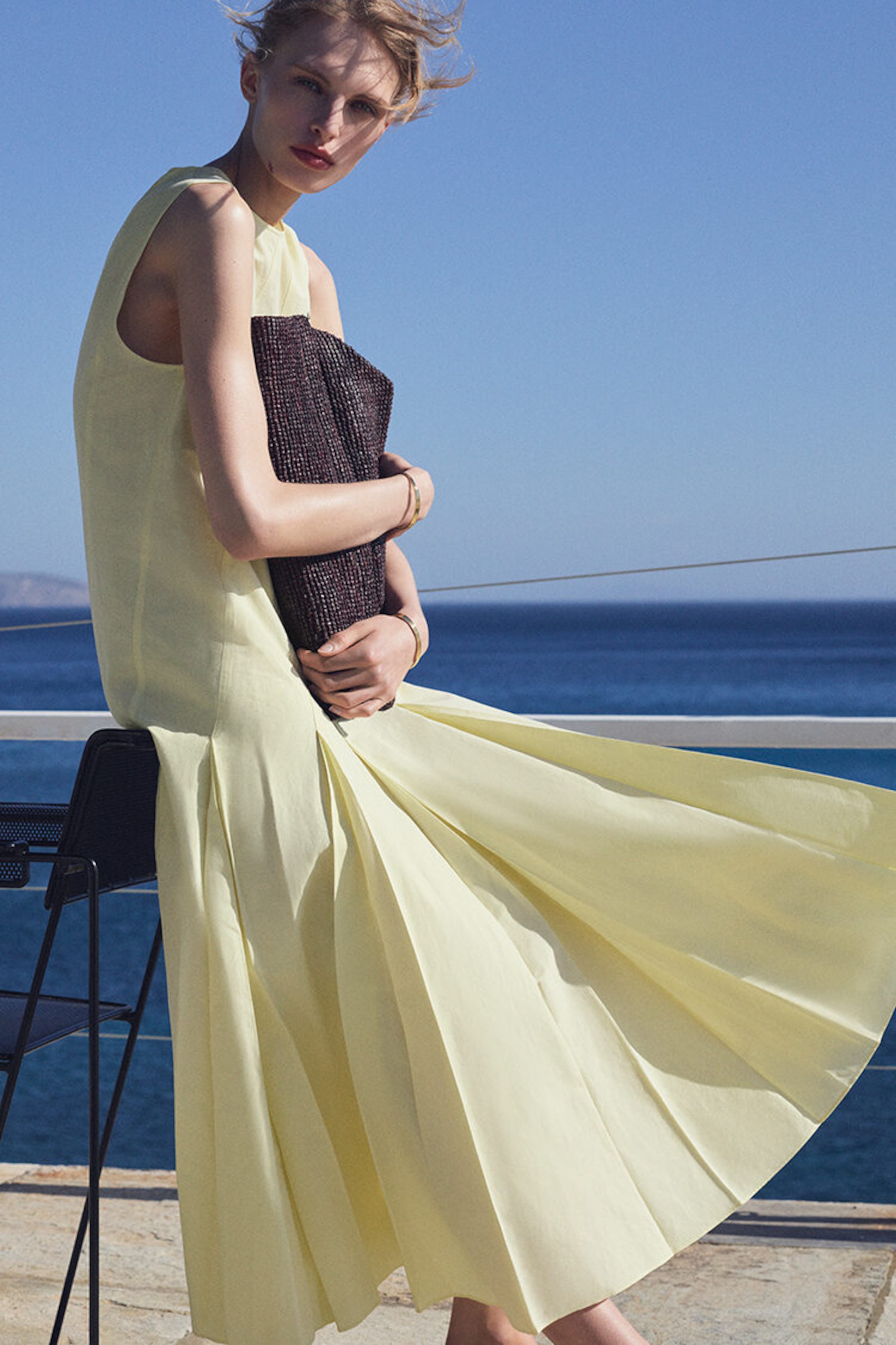 PLEATED COTTON-LINEN MAXI DRESS