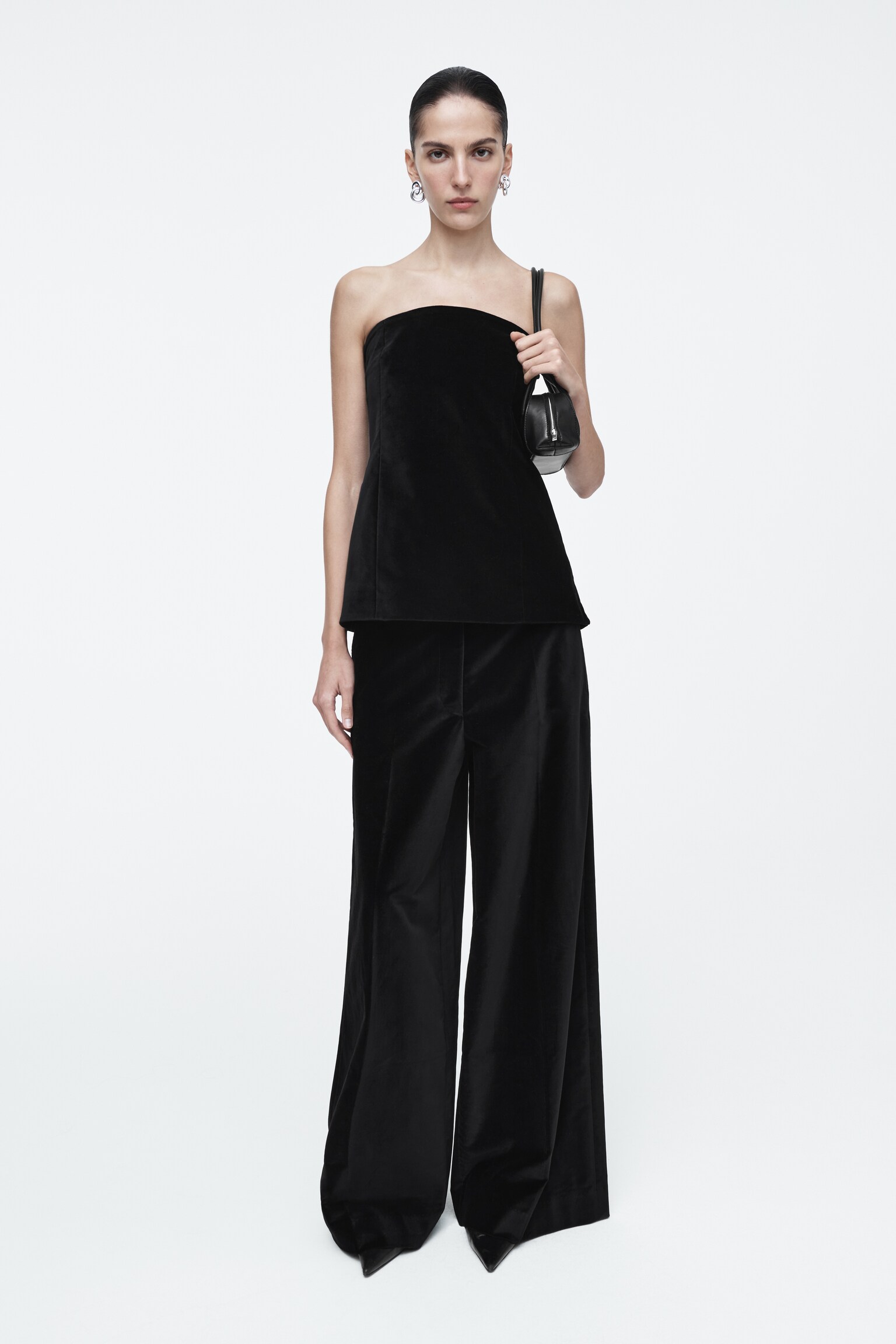 RELAXED VELVET WIDE-LEG TROUSERS - BLACK - 1