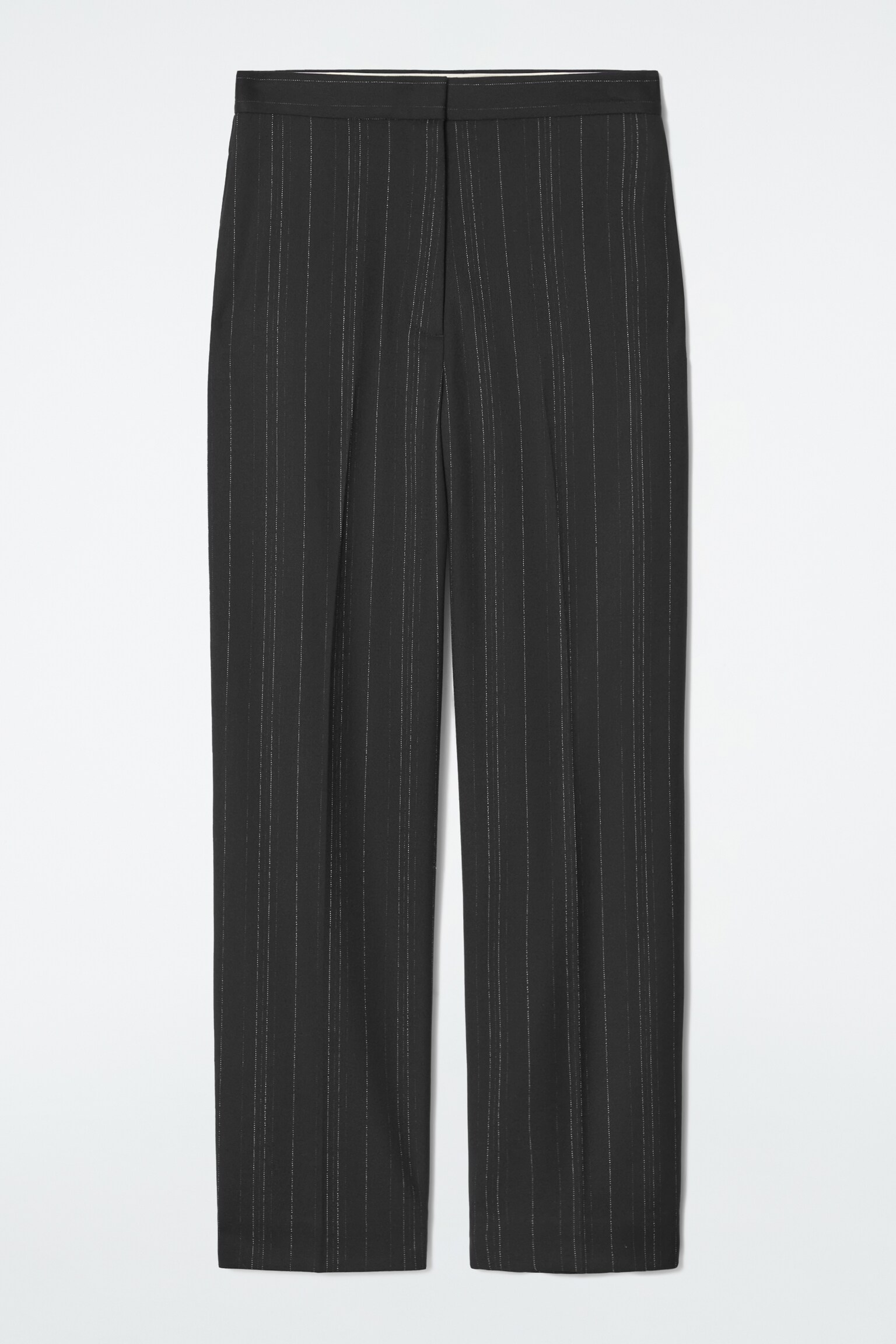 RELAXED PINSTRIPED BARREL-LEG TROUSERS - BLACK / PINSTRIPED
