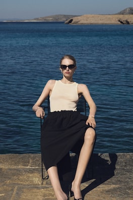 COTTON-LINEN BALLOON MIDI SKIRT — BLACK 7