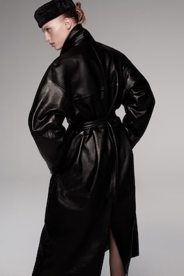 OVERSIZED BELTED LEATHER LONG COAT — BLACK 13