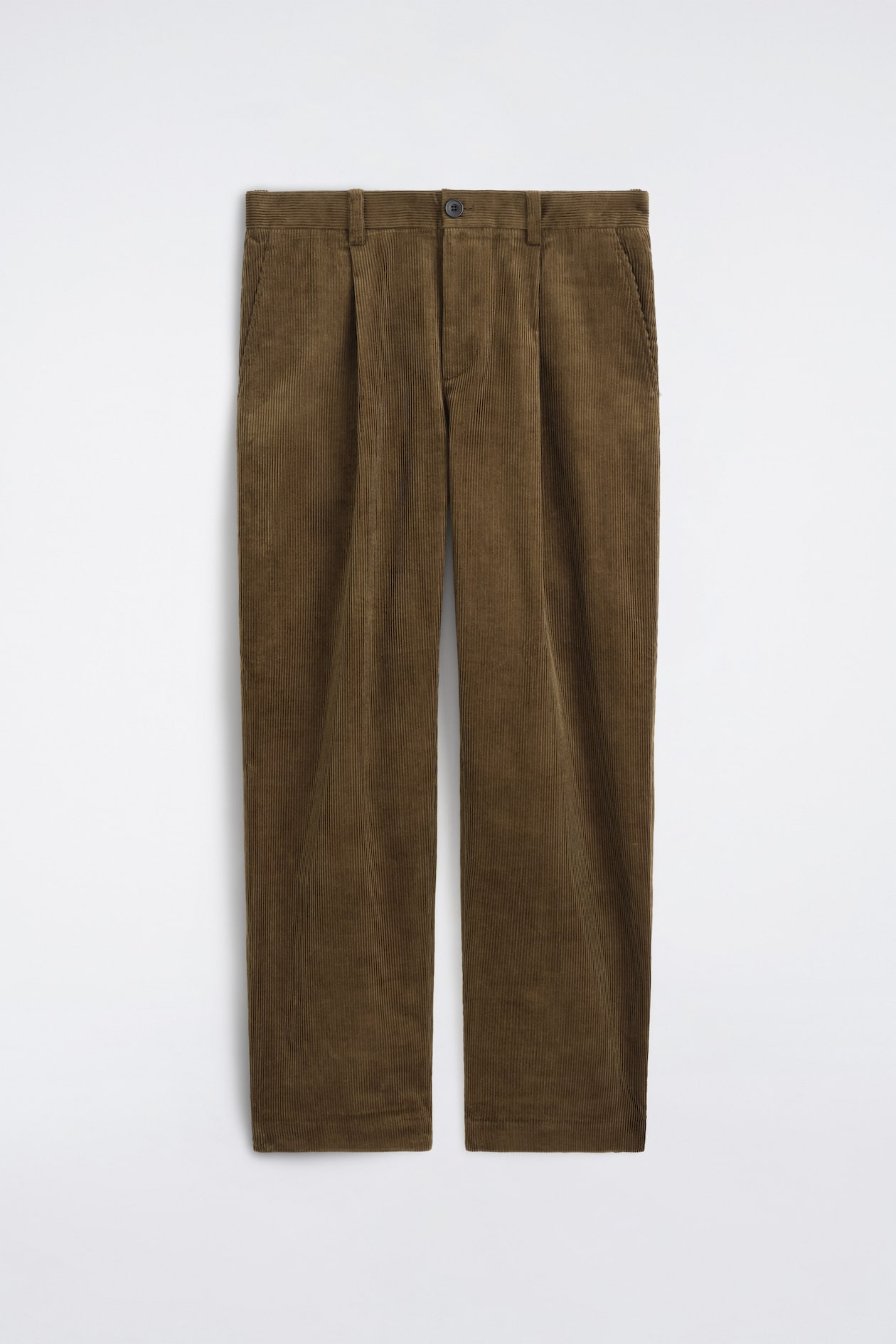 Pleated Relaxed-Fit Tapered Corduroy Pants are shown from the front, showcasing textured brown corduroy fabric with vertical ridges. The design features a waistband with belt loops, a single-button closure, front pleats, side pockets, and relaxed-fit legs that taper slightly toward the cuffs.