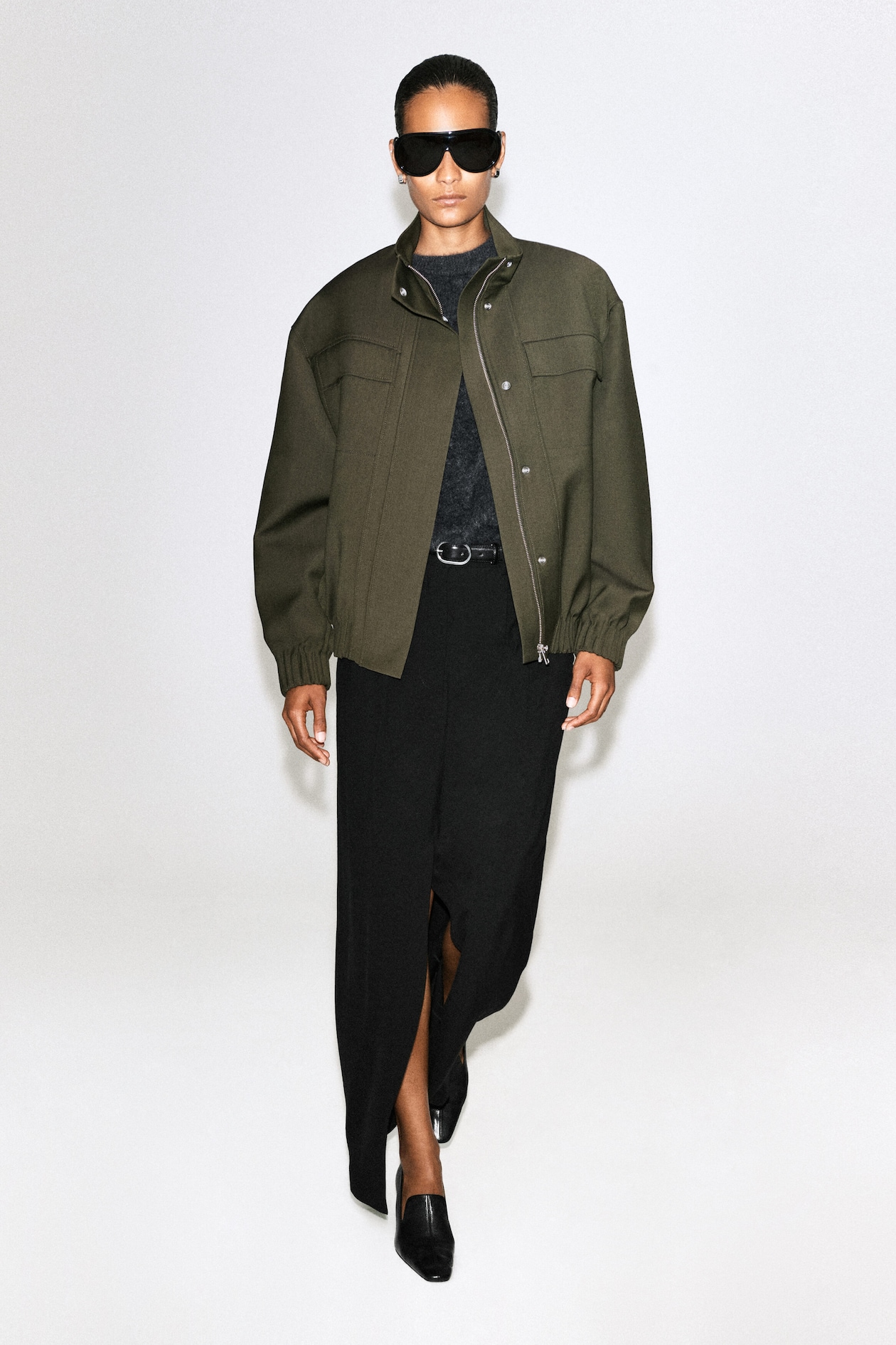 MOCK-NECK WOOL-BLEND BOMBER JACKET — KHAKI MÉLANGE