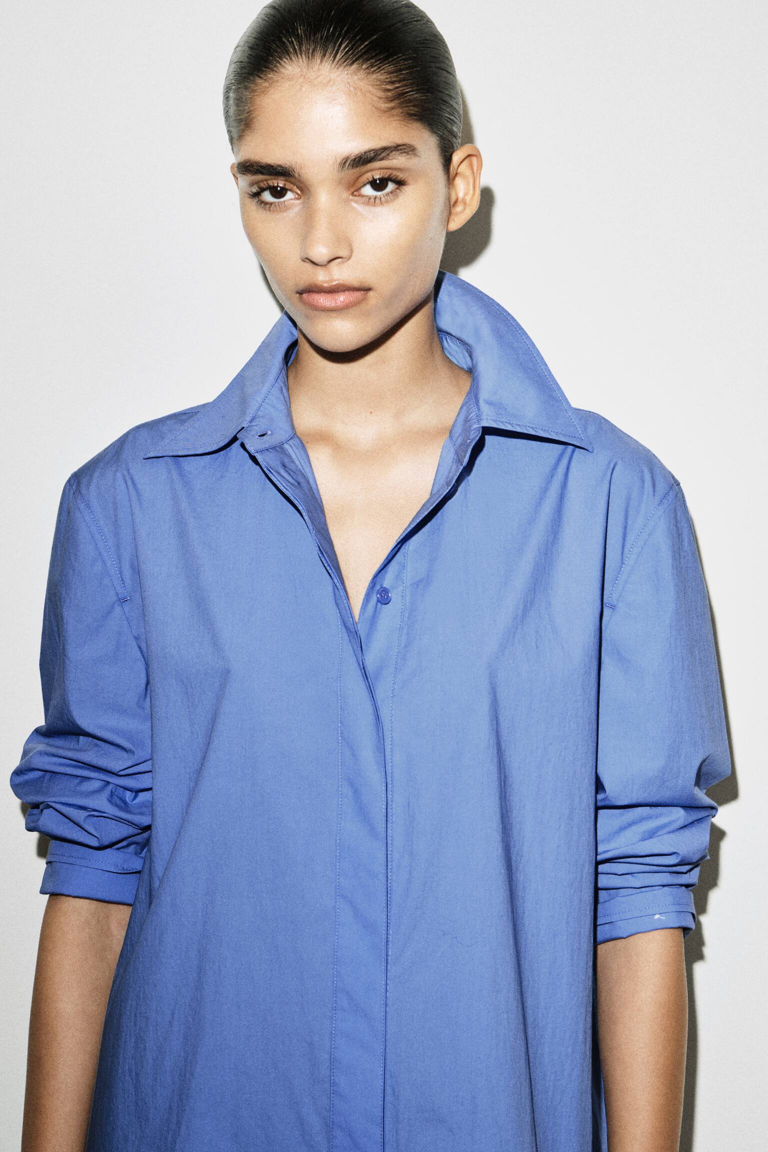 Flared bomulds miniskjortekjole - BLÅ/SORT - 4