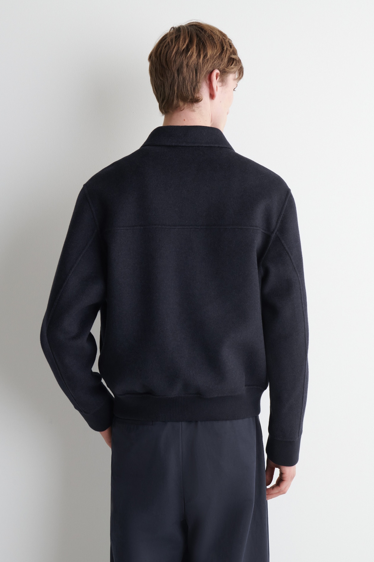 DOUBLE-FACED WOOL-BLEND BOMBER JACKET — NAVY