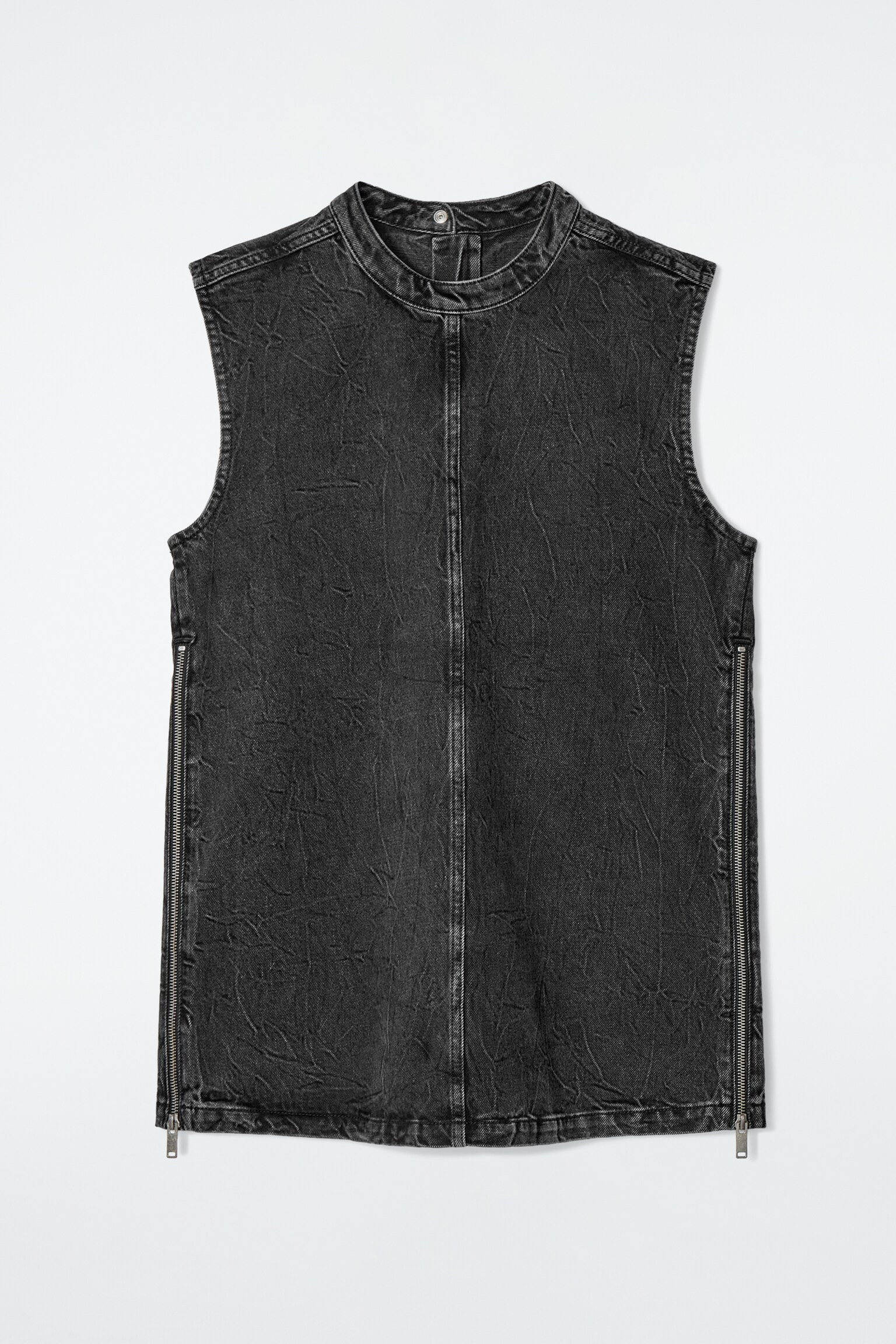 SLEEVELESS ZIP-UP DENIM TOP - CRINKLED BLACK - 1