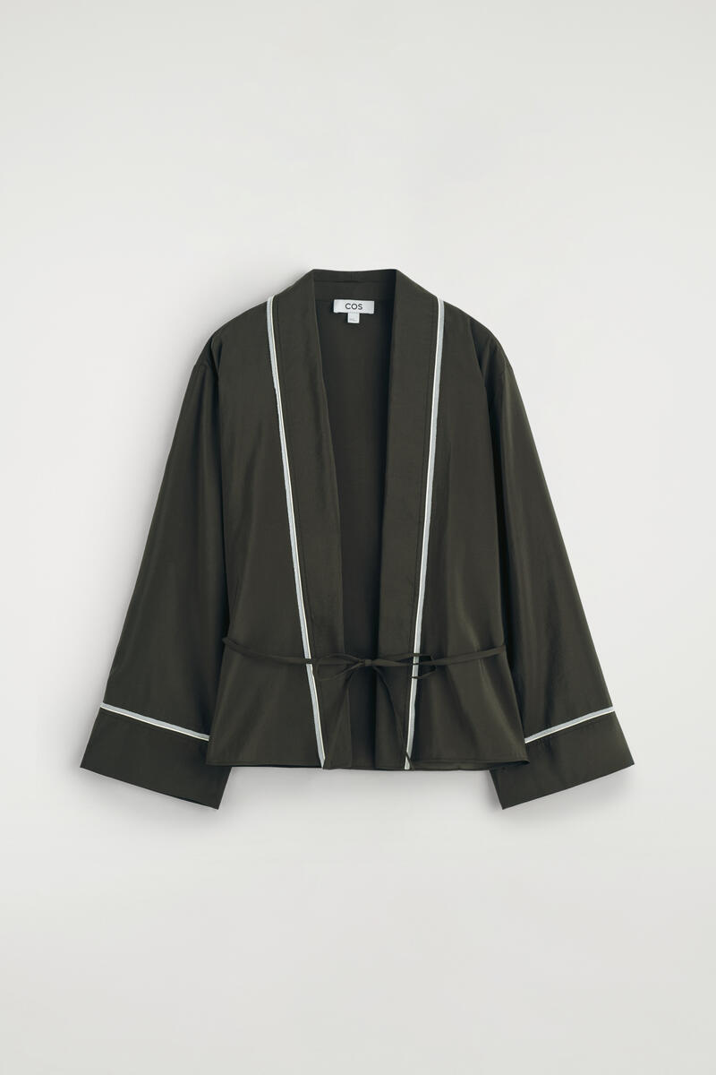 Contrast-Piped Belted Wrap Top
