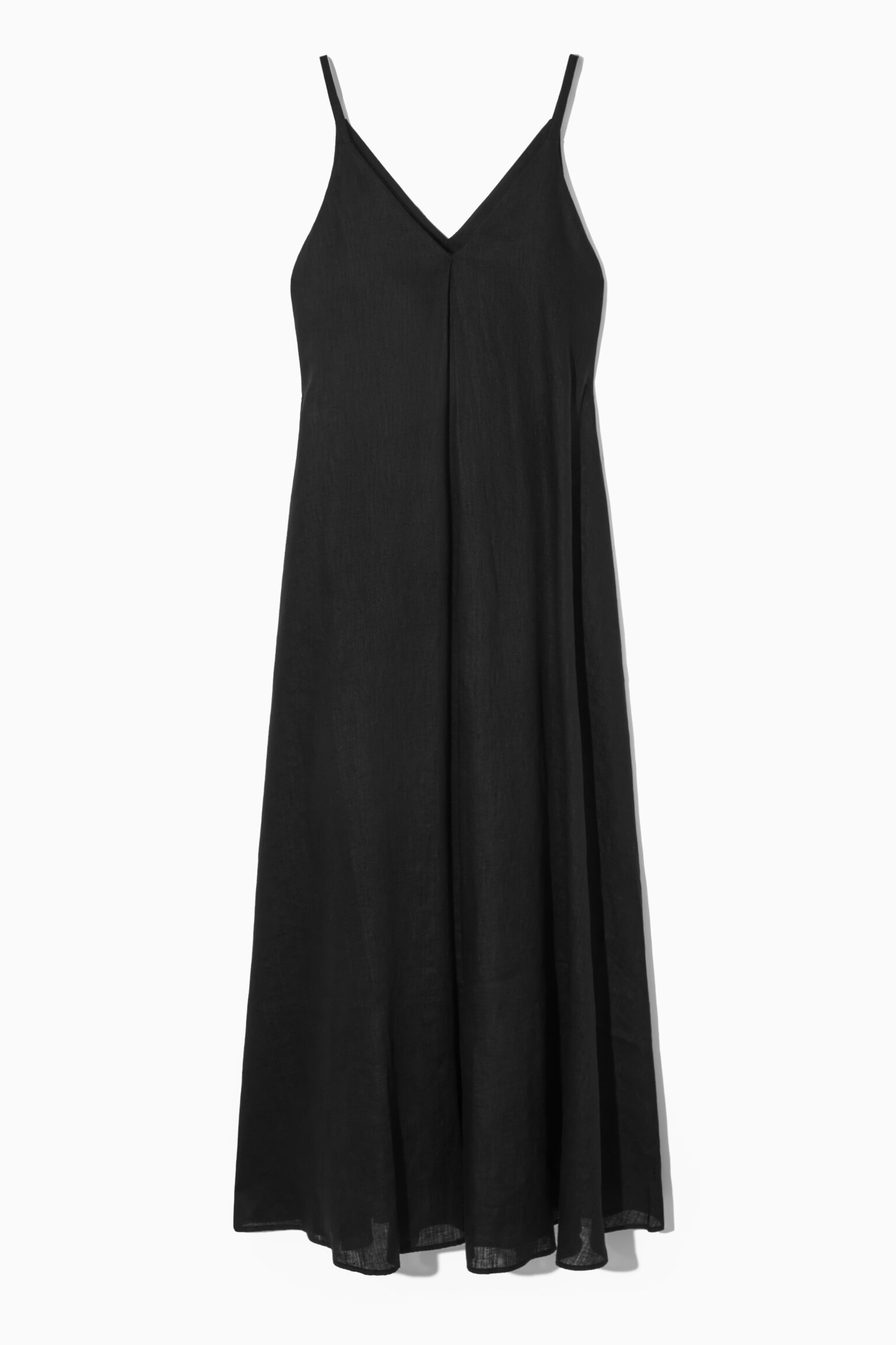 PLEATED V-NECK LINEN MIDI DRESS - BLACK