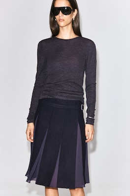 BELTED PLEATED WOOL-BLEND SKIRT — NAVY 2
