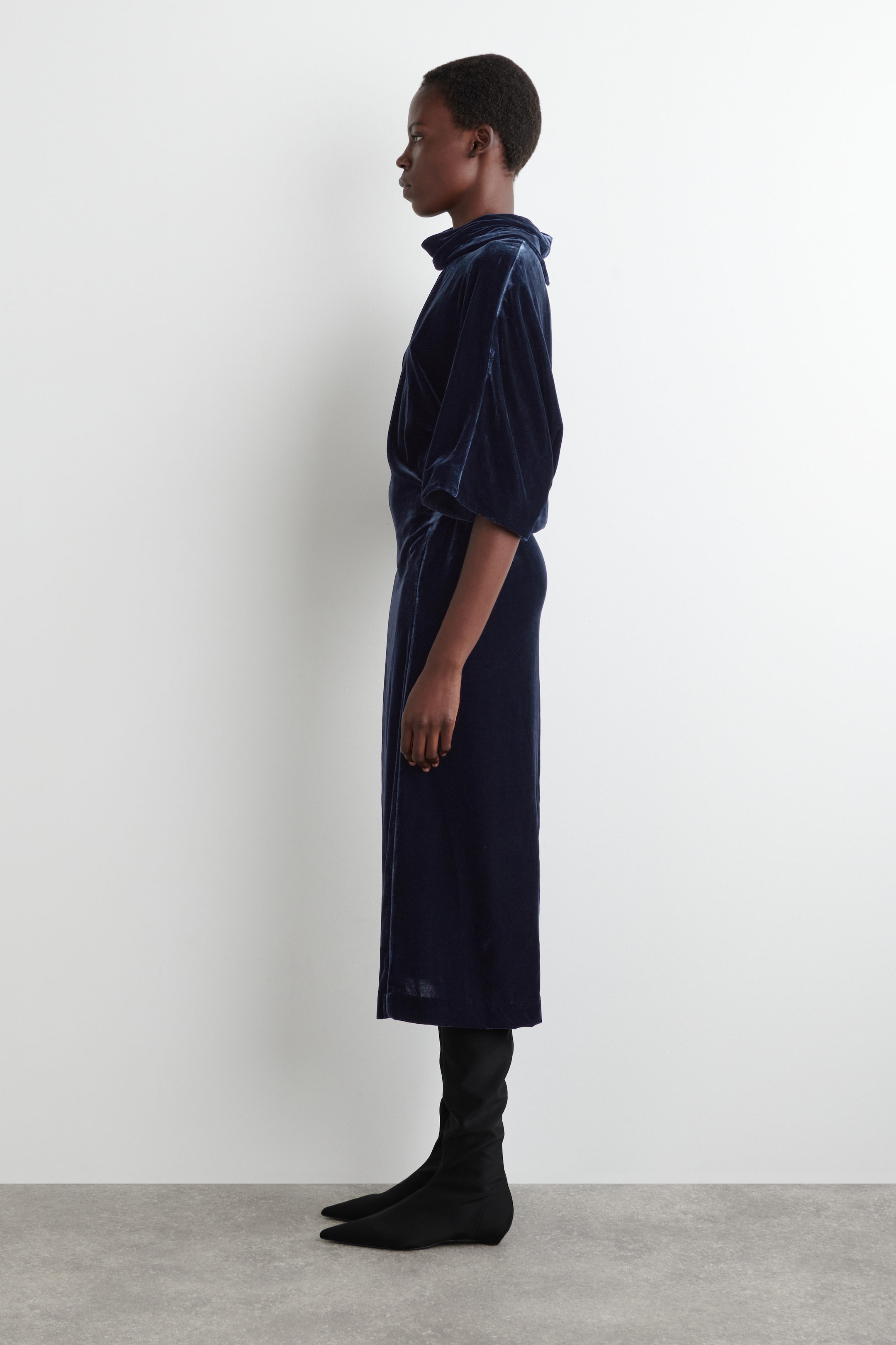 DRAPED-NECK VELVET MIDI DRESS