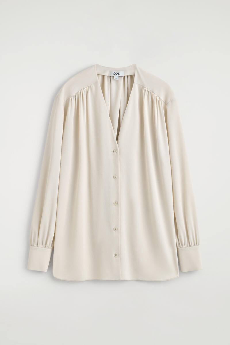 Gathered V-Neck Blouse in Light Beige