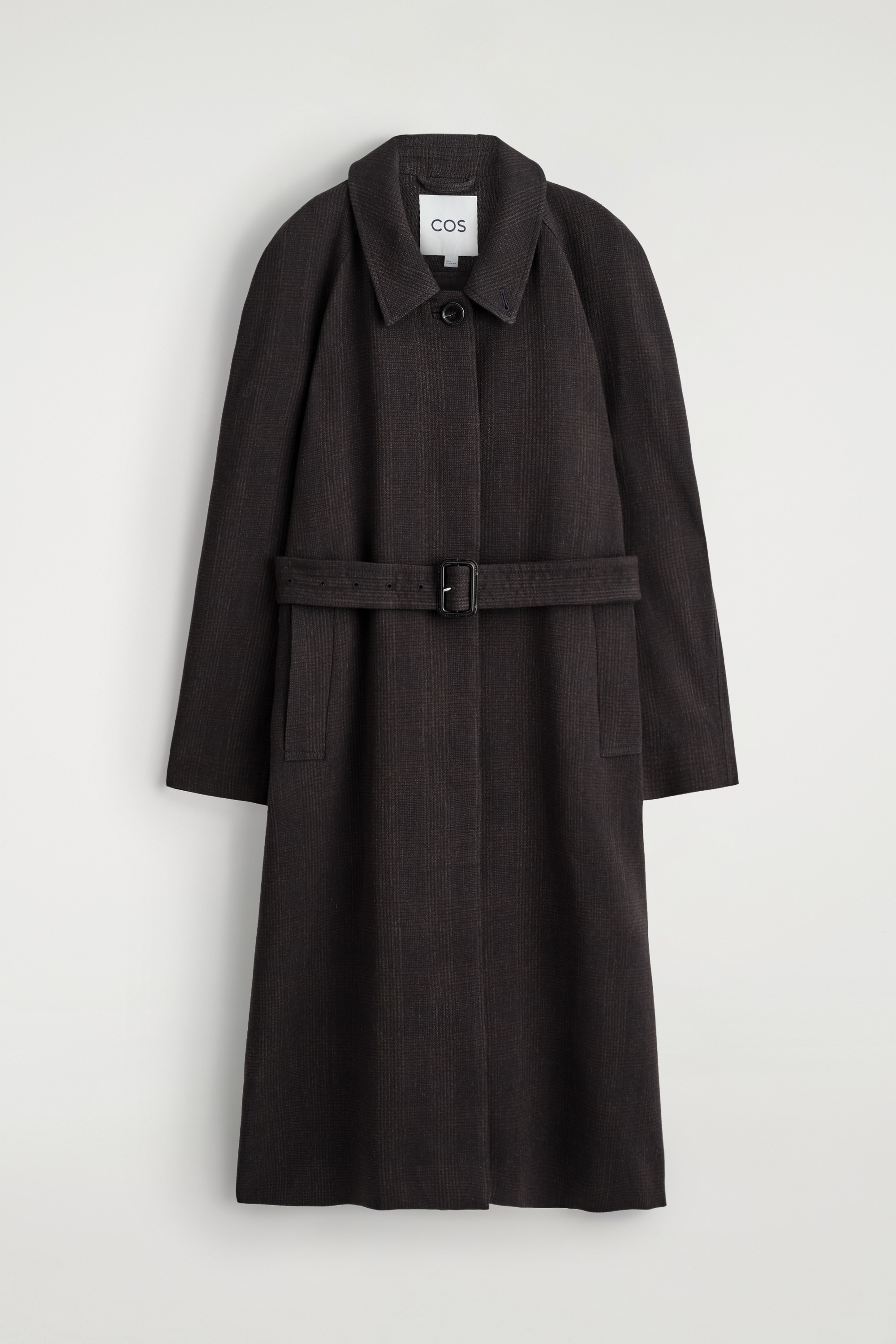 WOOL-BLEND LONG TRENCH COAT - DARK BROWN / CHECKED/NAVY