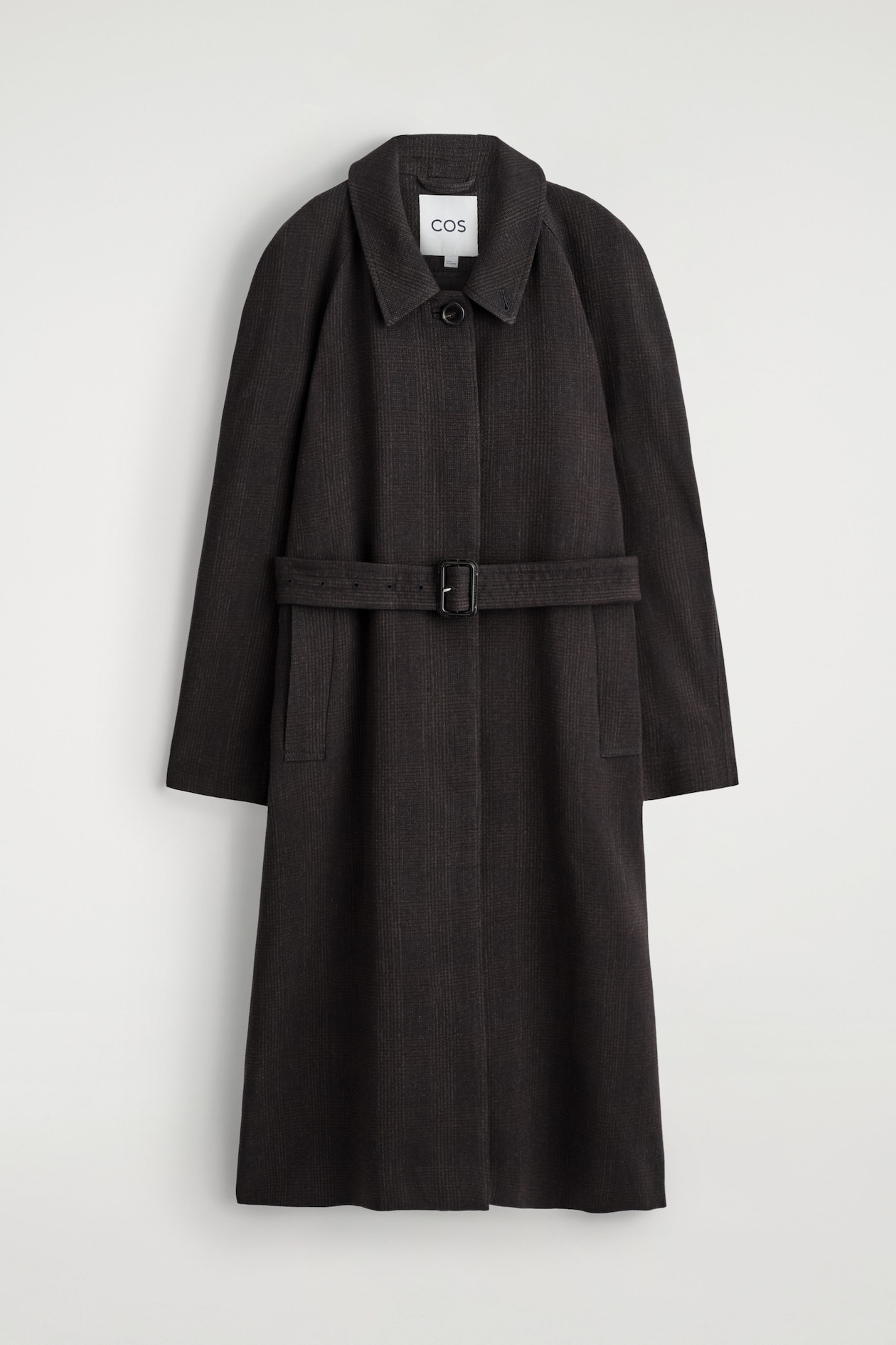 WOOL-BLEND LONG TRENCH COAT — DARK BROWN / CHECKED