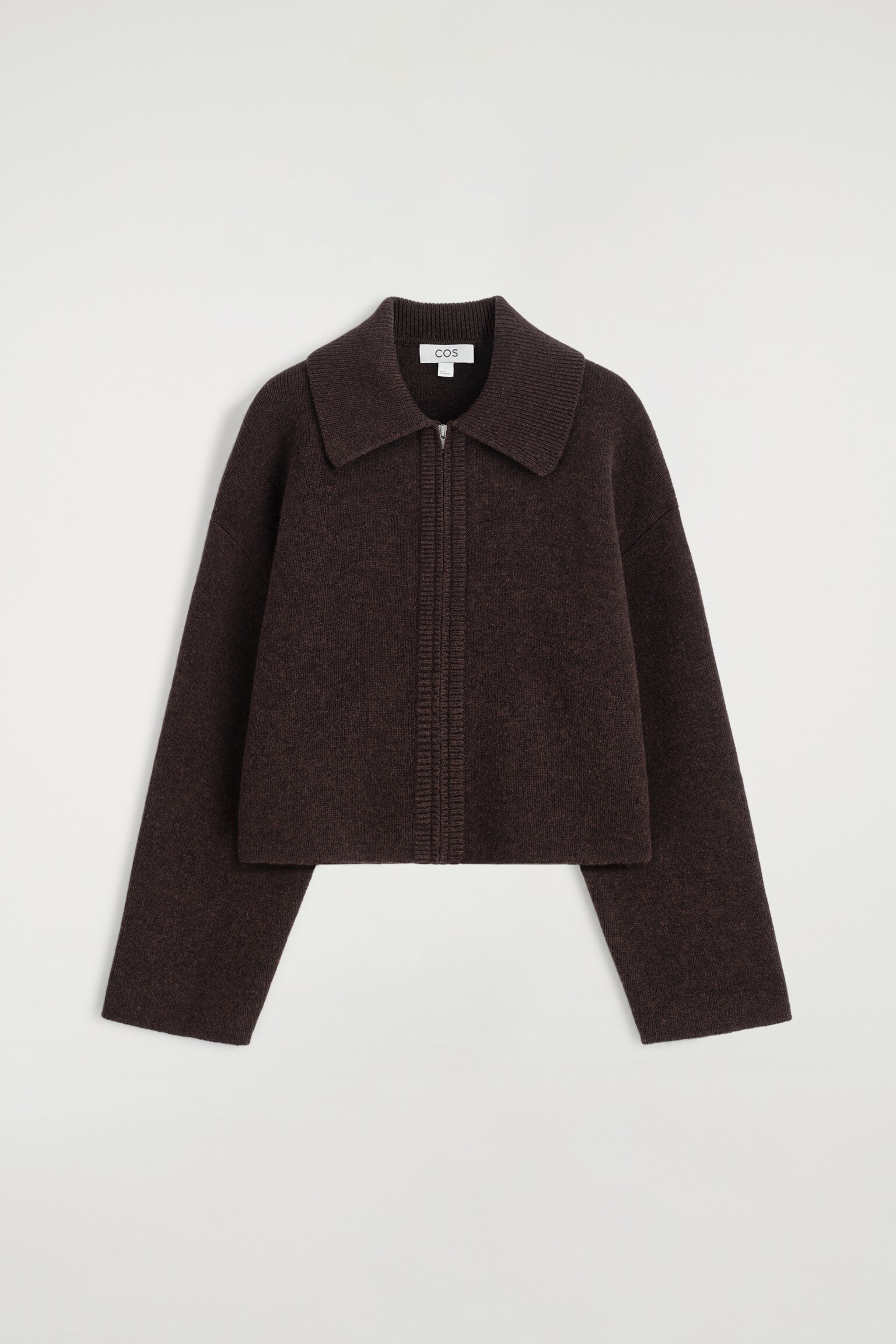CROPPED KNITTED MERINO WOOL JACKET - DARK-BROWN MÉLANGE - 2