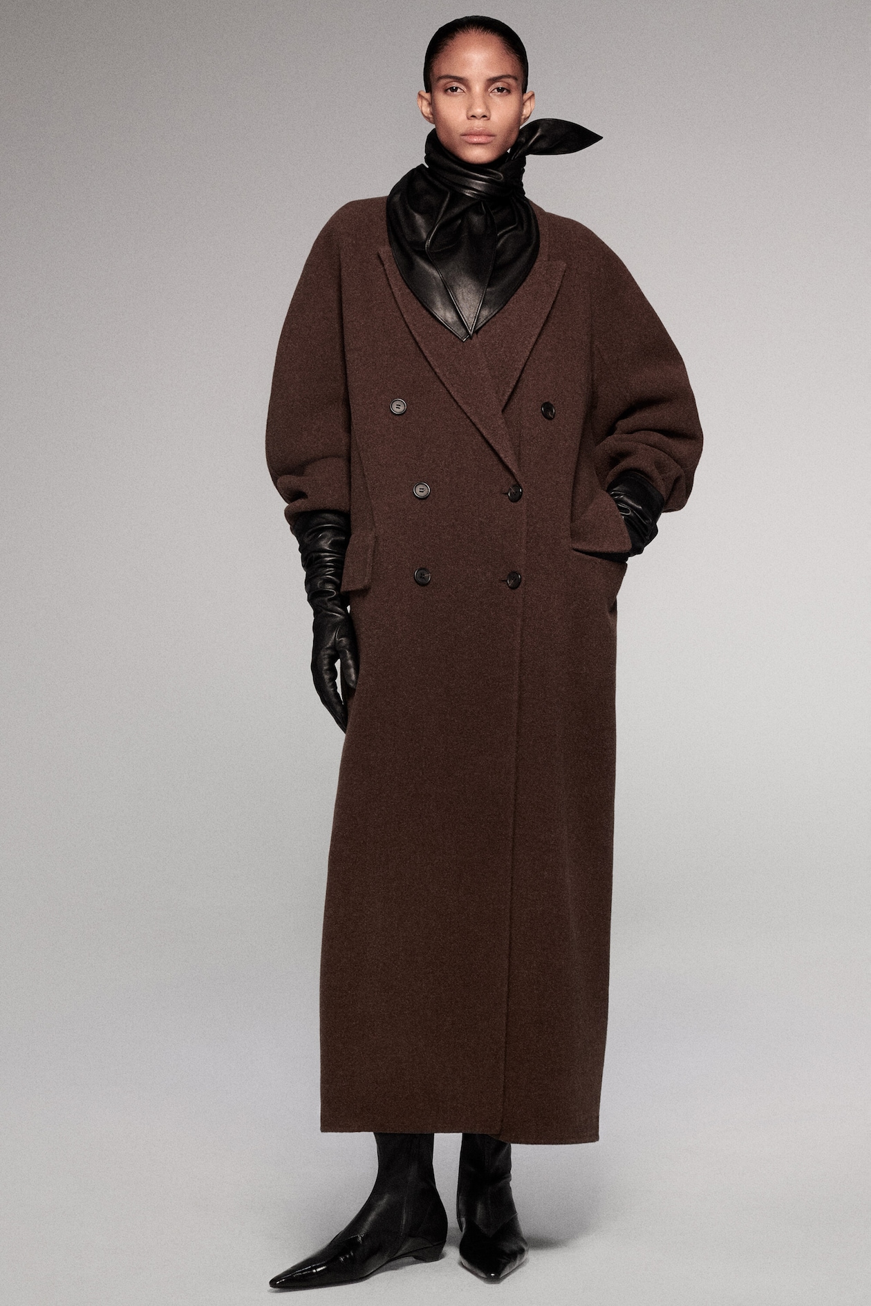 TAILORED DOUBLE-FACED WOOL LONG COAT — BROWN MÉLANGE