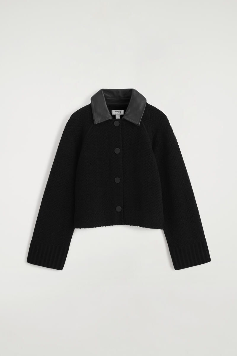 Leather-Collar Merino Wool Chenille Jacket
