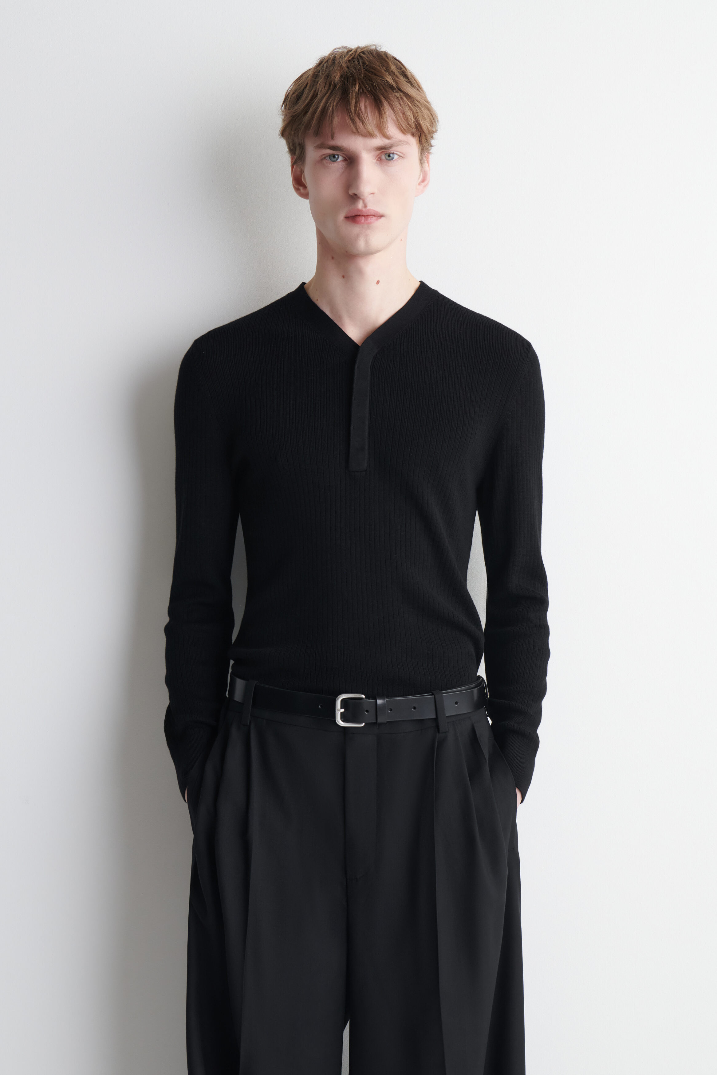MERINO-LYOCELL RIBBED-KNIT HENLEY TOP - BLACK | COS US