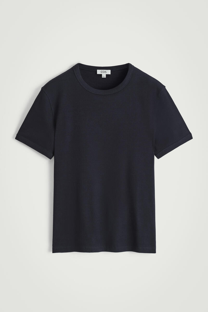 Slim Ribbed Cotton T-Shirt in Navy