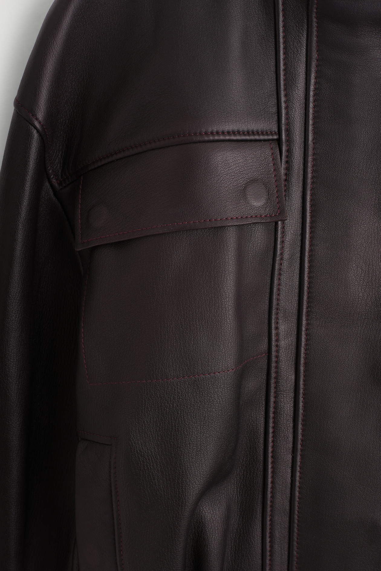 LEATHER MOCK-NECK BOMBER JACKET — DARK BROWN