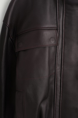 LEATHER MOCK-NECK BOMBER JACKET — DARK BROWN 8