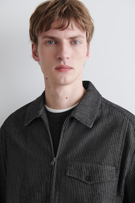 PINSTRIPED DENIM ZIP-UP OVERSHIRT — BLACK / PINSTRIPED 5