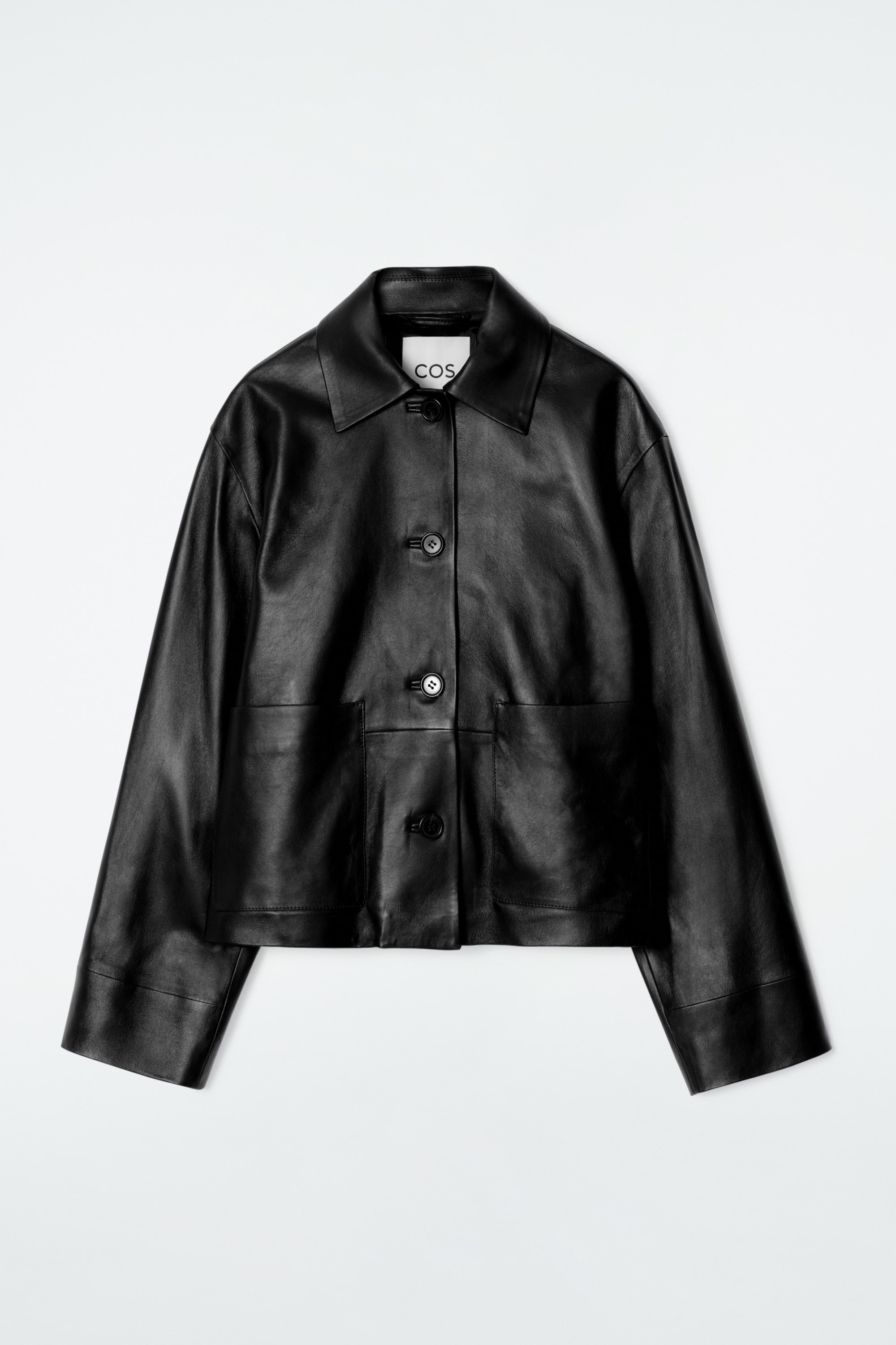 BOXY COLLARED LEATHER JACKET - BLACK