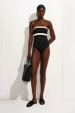 COLOUR-BLOCK SCUBA BANDEAU SWIMSUIT — BLACK / CREAM 1