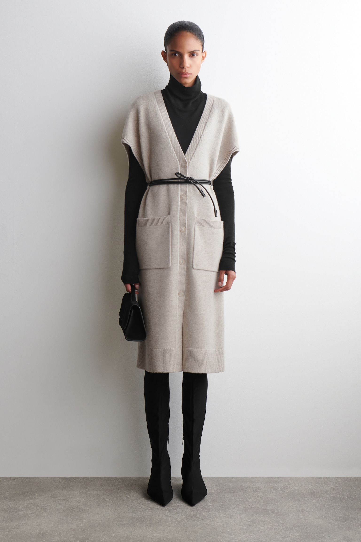 RONDGEMAAKTE WOL LANGER VEST - BEIGE MÉLANGE - 1