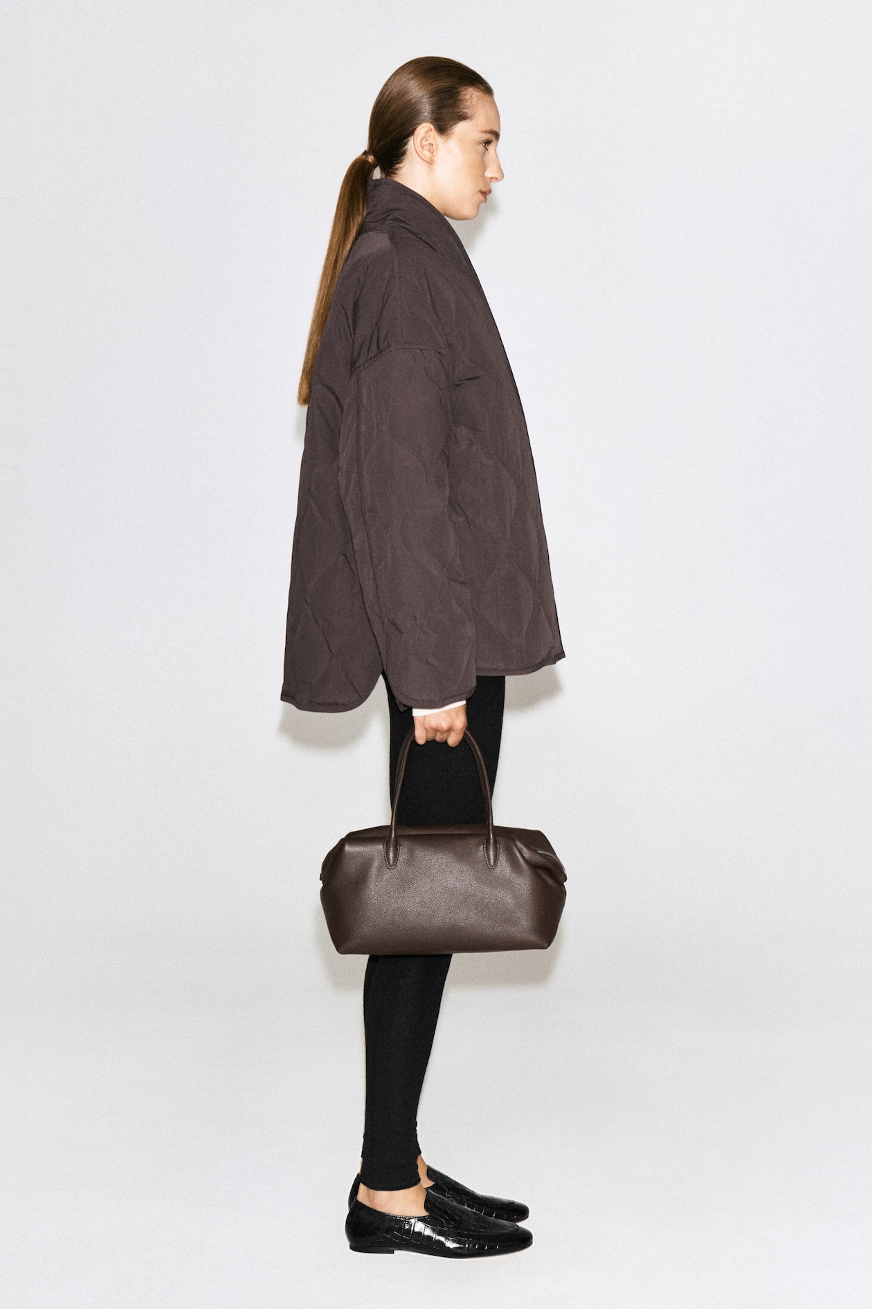 SHAWL-COLLAR QUILTED JACKET — BROWN