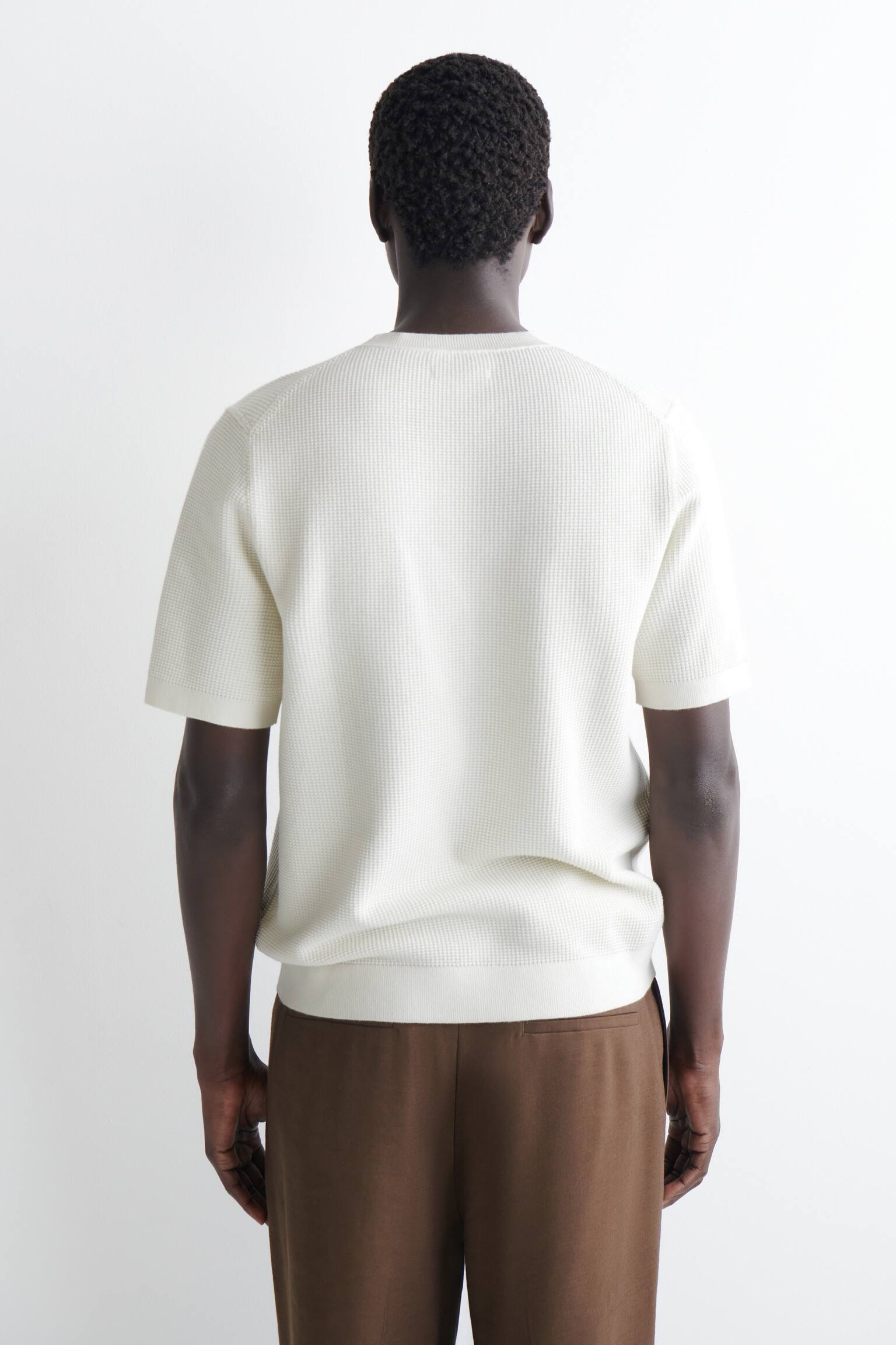 WAFFLE-KNIT COTTON T-SHIRT - OFF-WHITE/KHAKI - 5